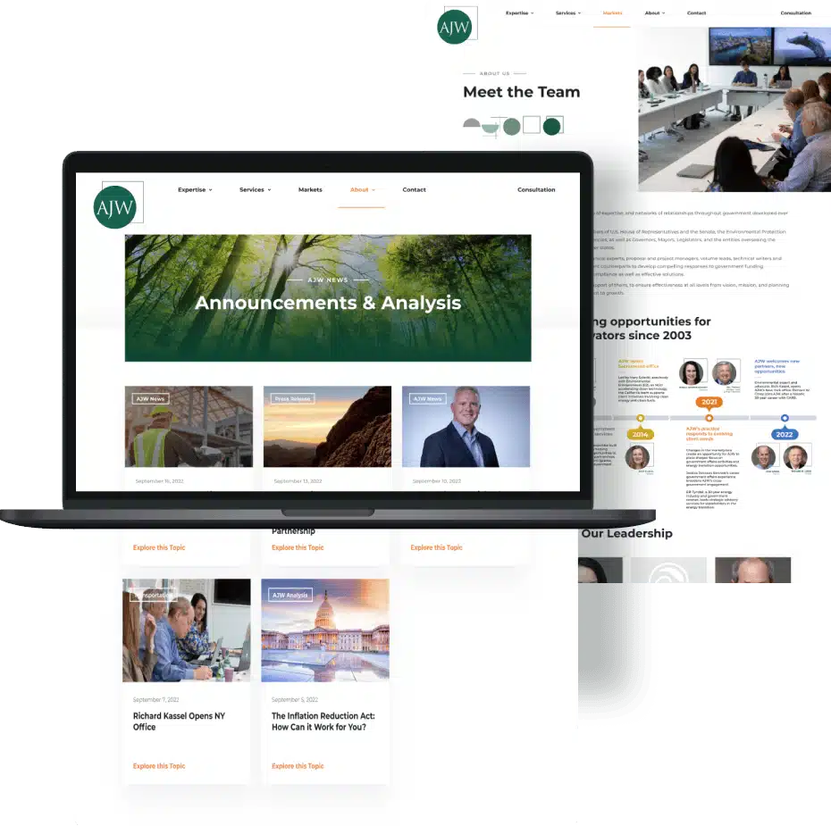 AJW web design mockup on a laptop