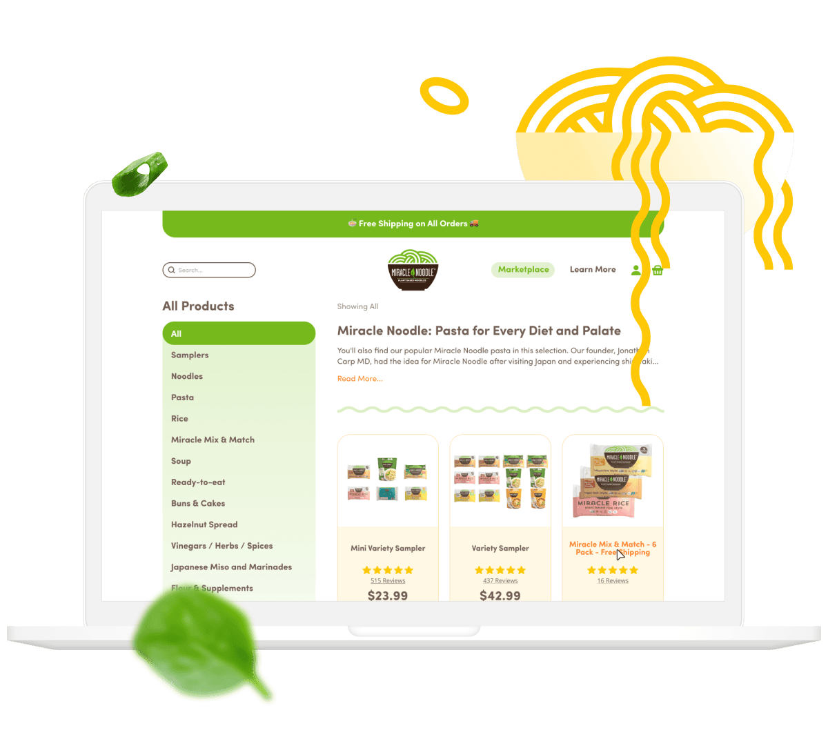 Miracle Noodle website design page mockup