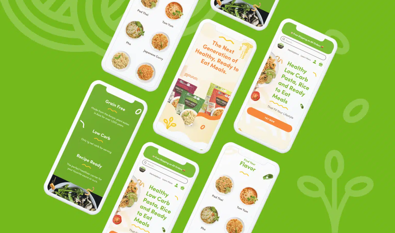 Miracle Noodle website design mockup on iphone