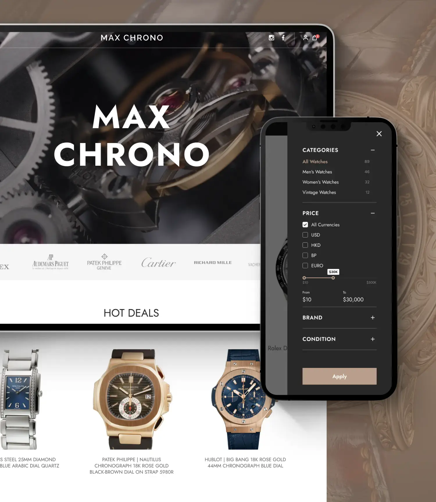 Max Chrono Web Design mockup on an ipad