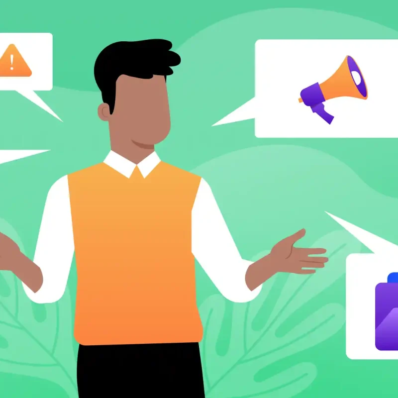 Web design and social media tips with a dark haired man standing next to representative icons.