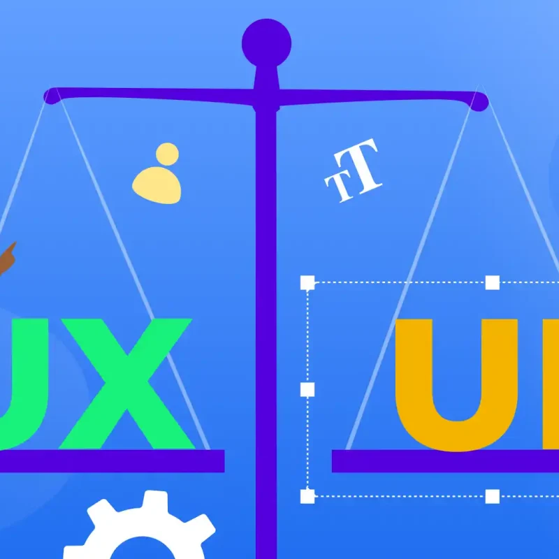 A playful and dynamic image featuring UX or UI lettering in reference to web design.