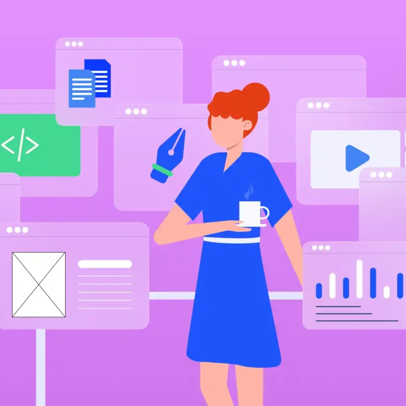 Red headed woman in a blue dress near to web design symbols.
