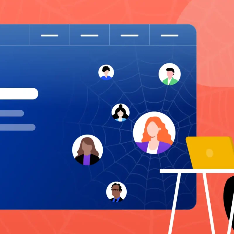 Spider web design featured image showing a man at a desk with a spider web in the background.