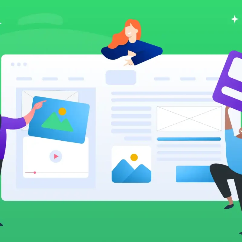 Featured image symbolizing best practices for modern web design with three characters holding elements of design.