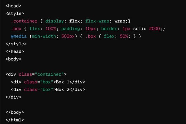Screenshot example introduces a .container that uses Flexbox to arrange .box elements. The flex property changes based on the viewport width due to the media query, showcasing a responsive design that adjusts from a single-column layout on smaller screens to a two-column layout on wider screens.