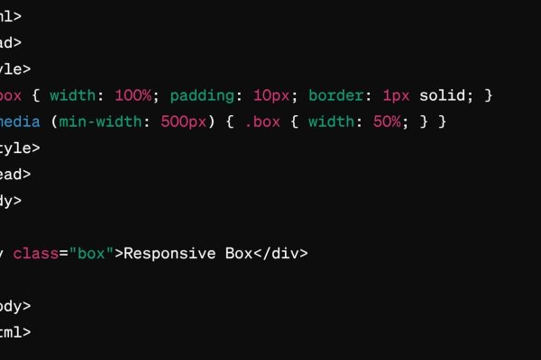 Screenshot of code snippet creates a box that is fully responsive, showcasing how it adjusts from a full-width layout on smaller screens to a half-width layout on screens wider than 500 pixels, exemplifying both fluid design and media queries in the most streamlined form.