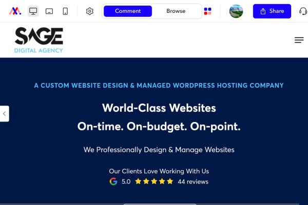 A screenshot of Sage Digital Agency's home page as seen in Markup.io. This image shows Markup.io's ability to easily display a website in different viewing modes. This screenshot shows how the Sage Digital Agency home page appears in Desktop view with the Comments box closed.