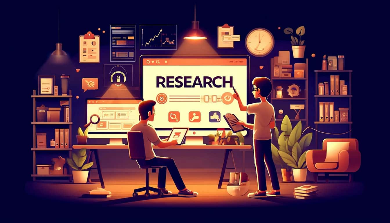 A cartoonish illustration focusing on web design and research and evaluation. The scene includes two characters looking at a research board for web design.