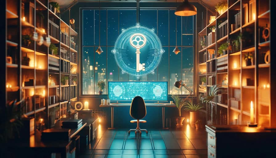 cartoon illustration of a key in a web design office.