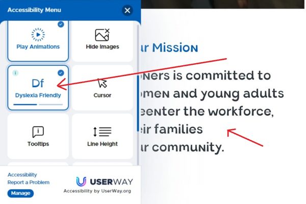 This is a screenshot from the HOPE For Prisoners website, showing the Dyslexia Friendly option in the site's web accessibility menu.