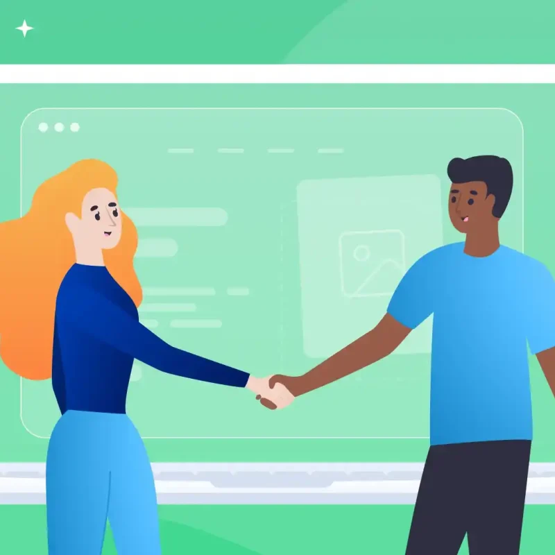 Featured image for a post called How to choose a web design agency to work with. The image shows a man and a woman holding hands in front of a large floating computer screen in the background. It's more of an abstract image that conveys a couple uniting on a decision to hire a web design company. Hiring a web design company can cost a lot of money, so a united decision is important.