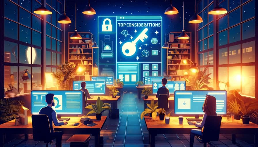 This image is a cartoon illustration showing four people in a web design office at night with large windows and a city in the background. Three men and a woman sit at large desks while they work in front of computers.