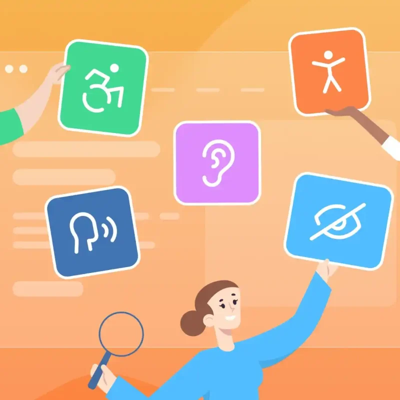 This image symbolizes web accessibility examples. It shows three people from different backgrounds on an abstract artistic canvas with web accessibility symbols floating between them. Each symbol, such as a wheelchair, represent a different aspect of web accessibility.
