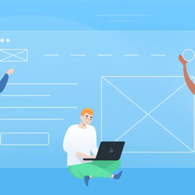 Featured image for an article called What is wireframing in UX design. The image shows two men and a woman working on a wireframe. The image symbolizes the UX design process, which often relies on wireframes.