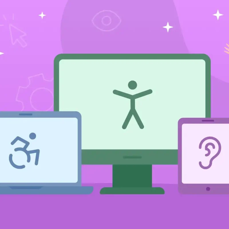 Featured image for an article explaining why web accessibility is important when building a website. The image shows a man and a woman on an abstract background, showing an accessibility symbol.