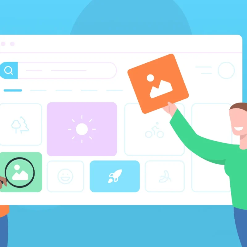 Two illustrated people building a website and a brand